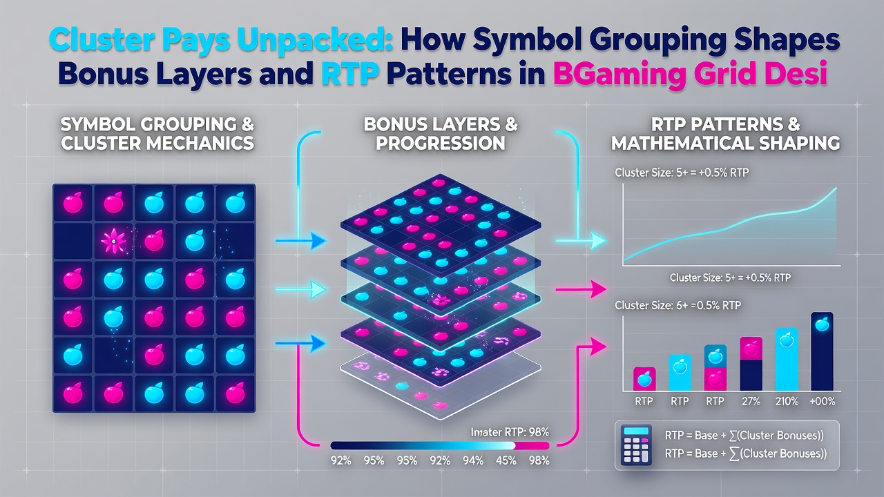 Close-up of BGaming grid symbols forming clusters with RTP indicators on a tablet interface