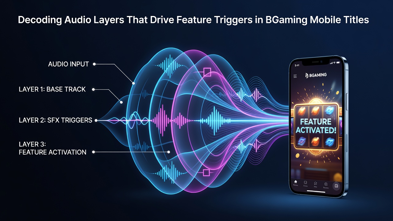 Layered audio waveform visualization showing background music mixed with trigger sound effects in a mobile slot interface