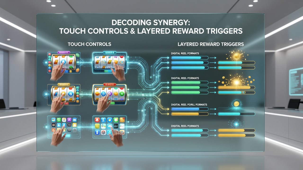 Split view of mobile and desktop reel interfaces displaying synchronized touch gestures and reward progress indicators