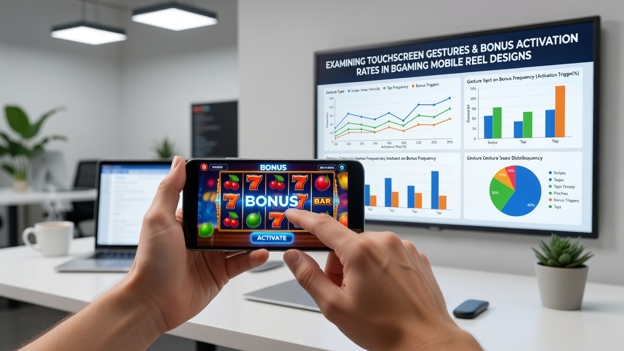 Mobile screen capture showing BGaming reel interface with overlaid gesture heatmaps highlighting frequent touch points that precede bonus rounds