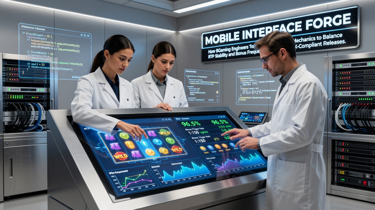 BGaming engineers testing touch-responsive slot mechanics on mobile devices for RTP and bonus balance
