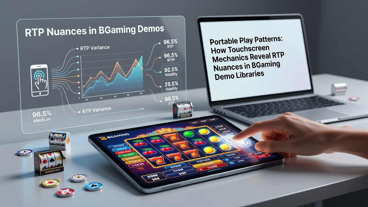 Close-up view of fingers interacting with a BGaming slot demo on a touchscreen device showing reel spins and interface elements