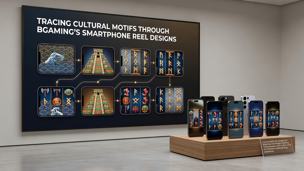 Close-up view of BGaming mobile reels highlighting detailed cultural motifs like adinkra symbols and Andean patterns on a smartphone display